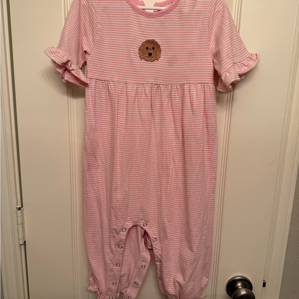 Doodle days Stitxhy Fish Pink Striped Romper with dog patch